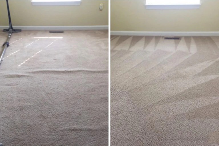 Wrinkled carpet before restretching next to smooth, freshly restretched carpet after
